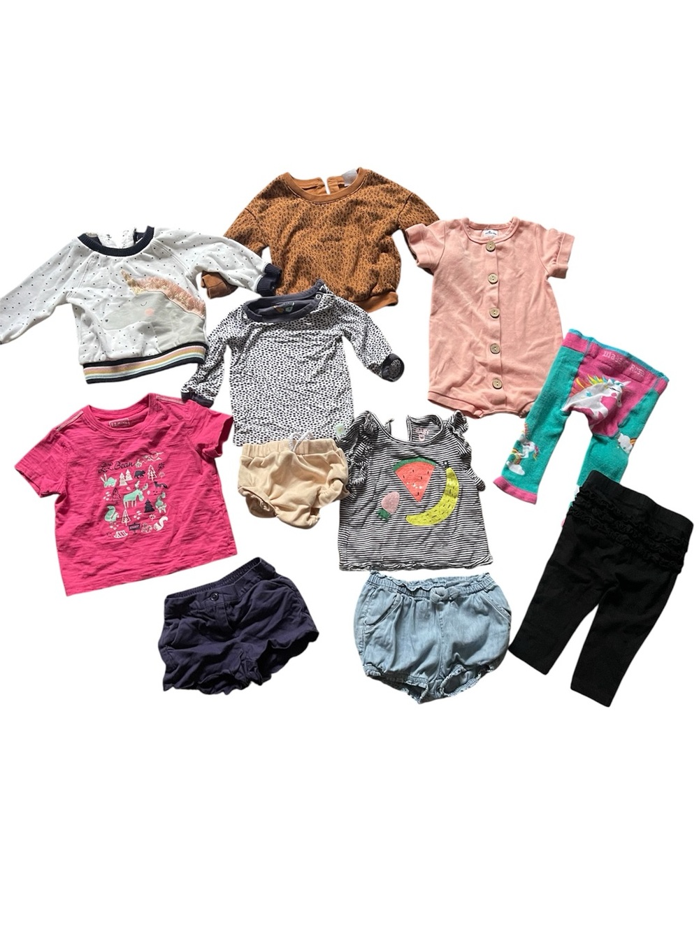 Baby Girl 6-12M Bundle (11) Unicorn Sweaters Fruit Romper Chambray short pants